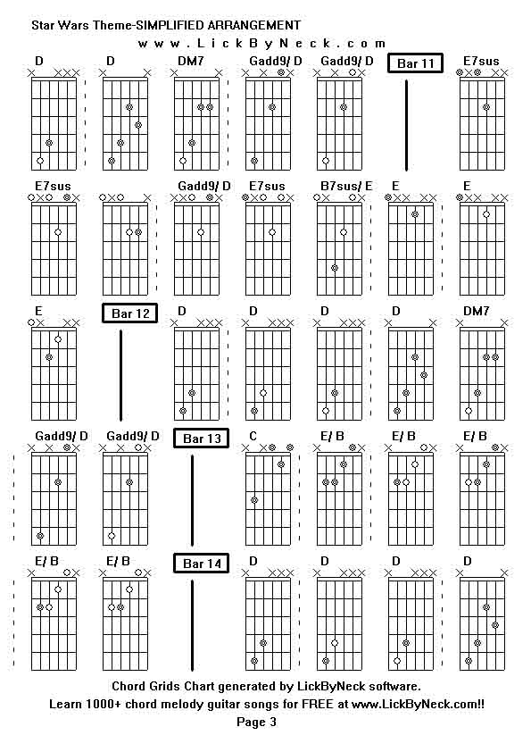 Chord Grids Chart of chord melody fingerstyle guitar song-Star Wars Theme-SIMPLIFIED ARRANGEMENT,generated by LickByNeck software.